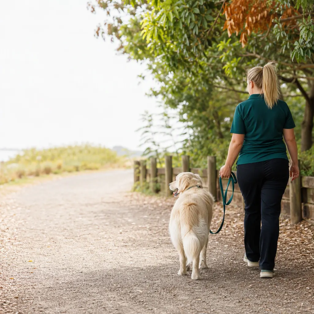 Dog walking on a sunny South Austin neighborhood sidewalk on leash
