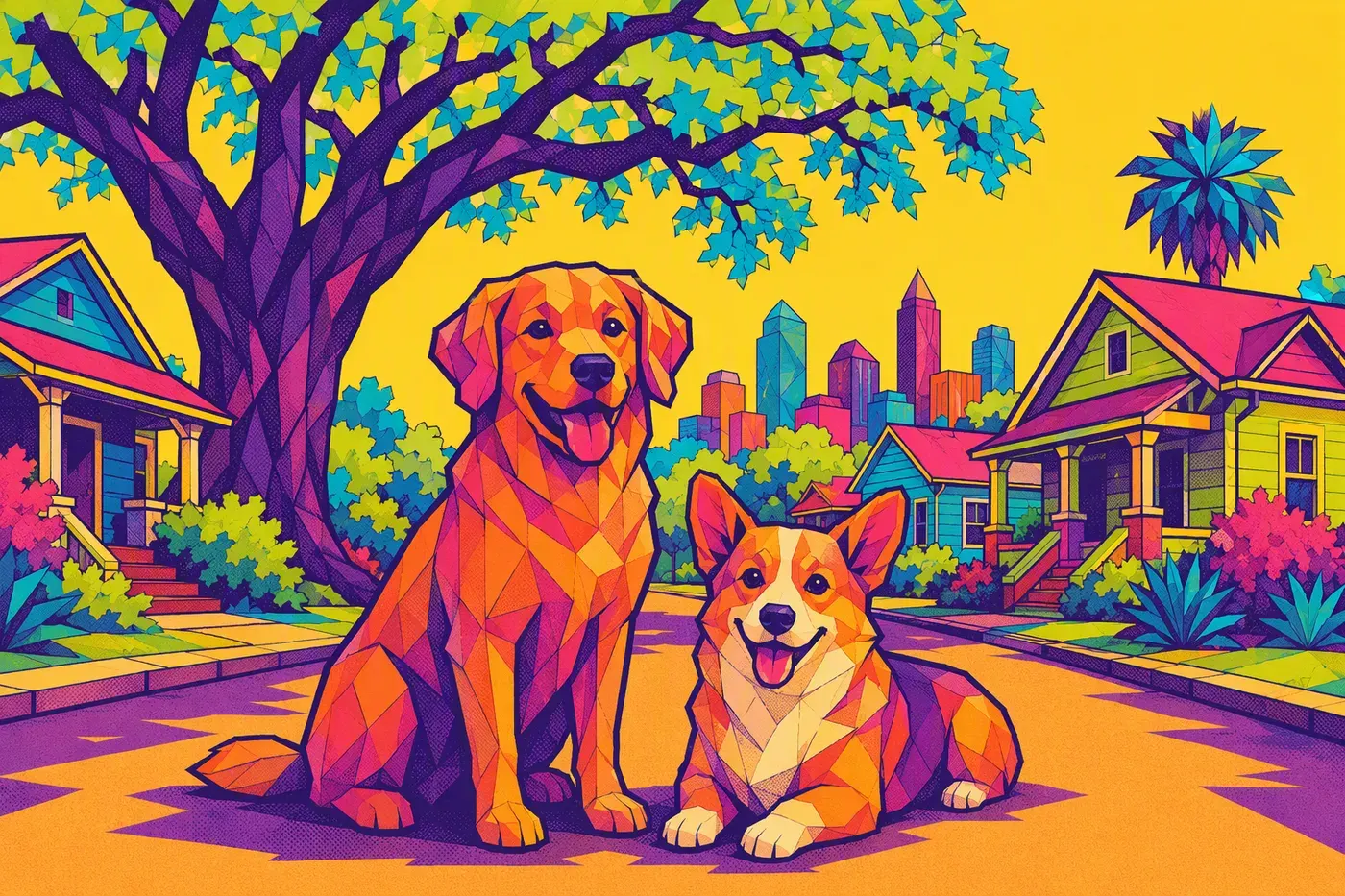 Pop-art illustration of two dogs on a sunny South Austin street with a live oak tree and the city skyline behind