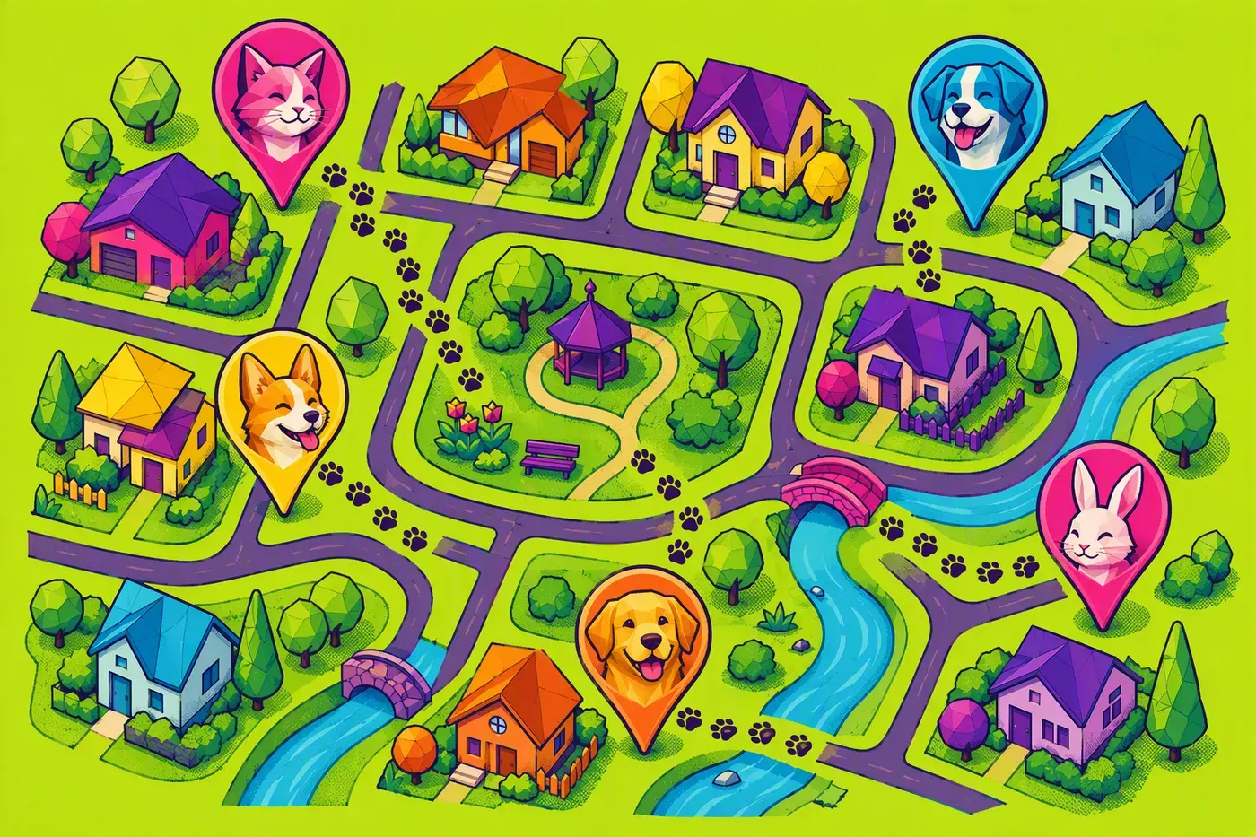 Pop-art illustration of a neighborhood map with a green park, a blue creek, map pins and paw prints