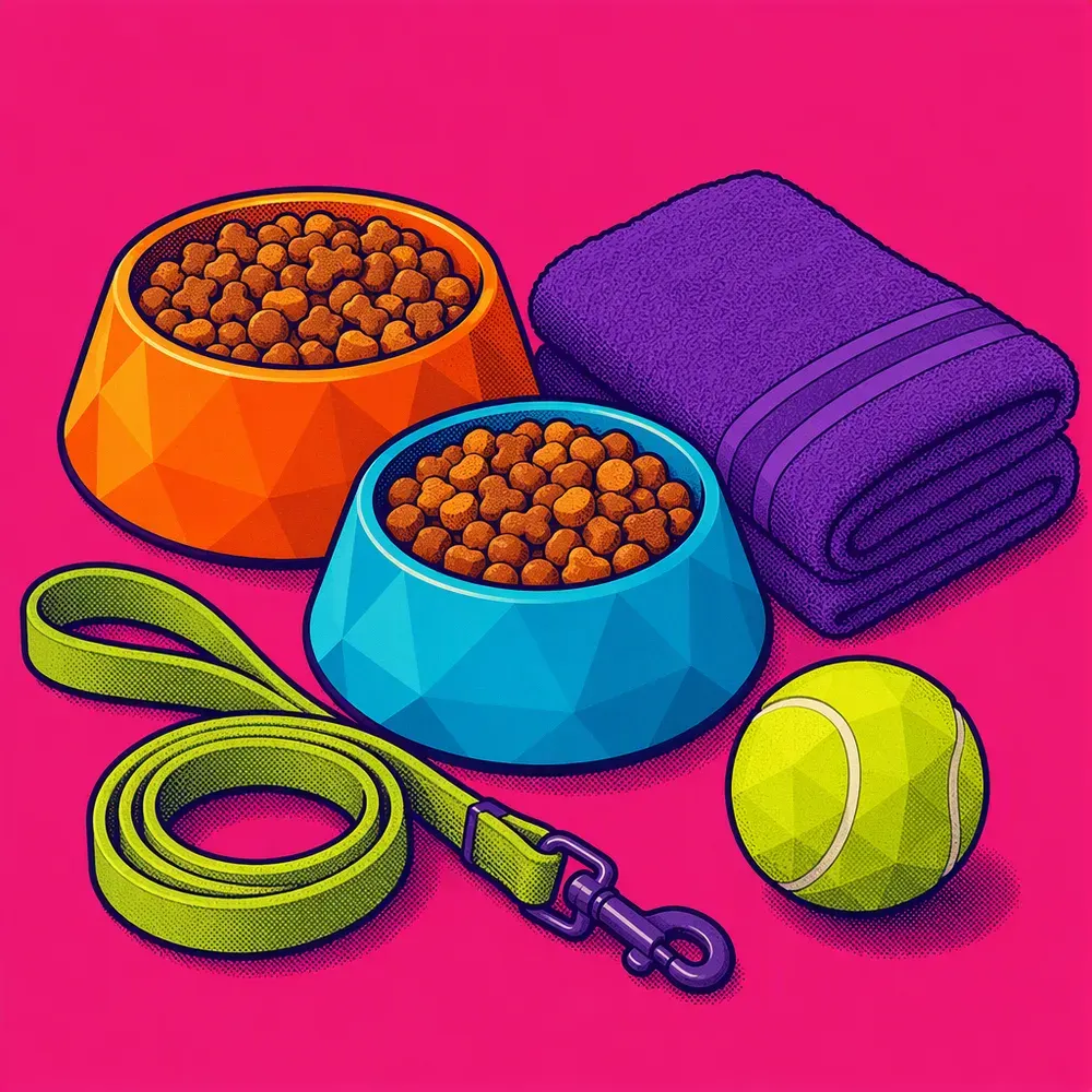 Pop-art illustration of food bowls, a leash, a towel and a ball