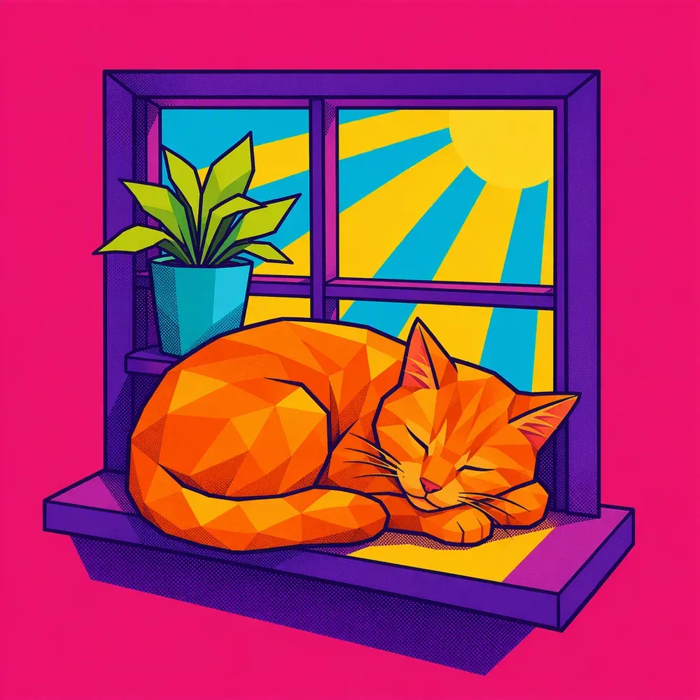 Pop-art illustration of an orange cat asleep in a sunbeam on a windowsill