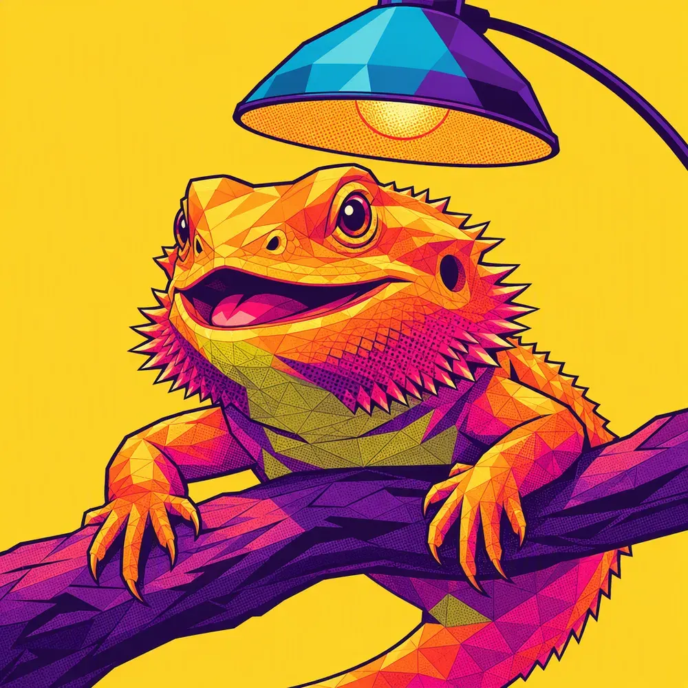 Pop-art illustration of a bearded dragon on a branch under a heat lamp