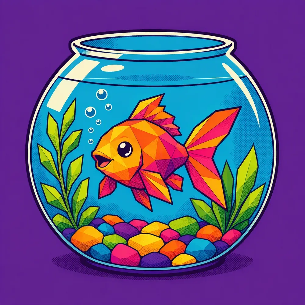 Pop-art illustration of a colorful fish in a round bowl
