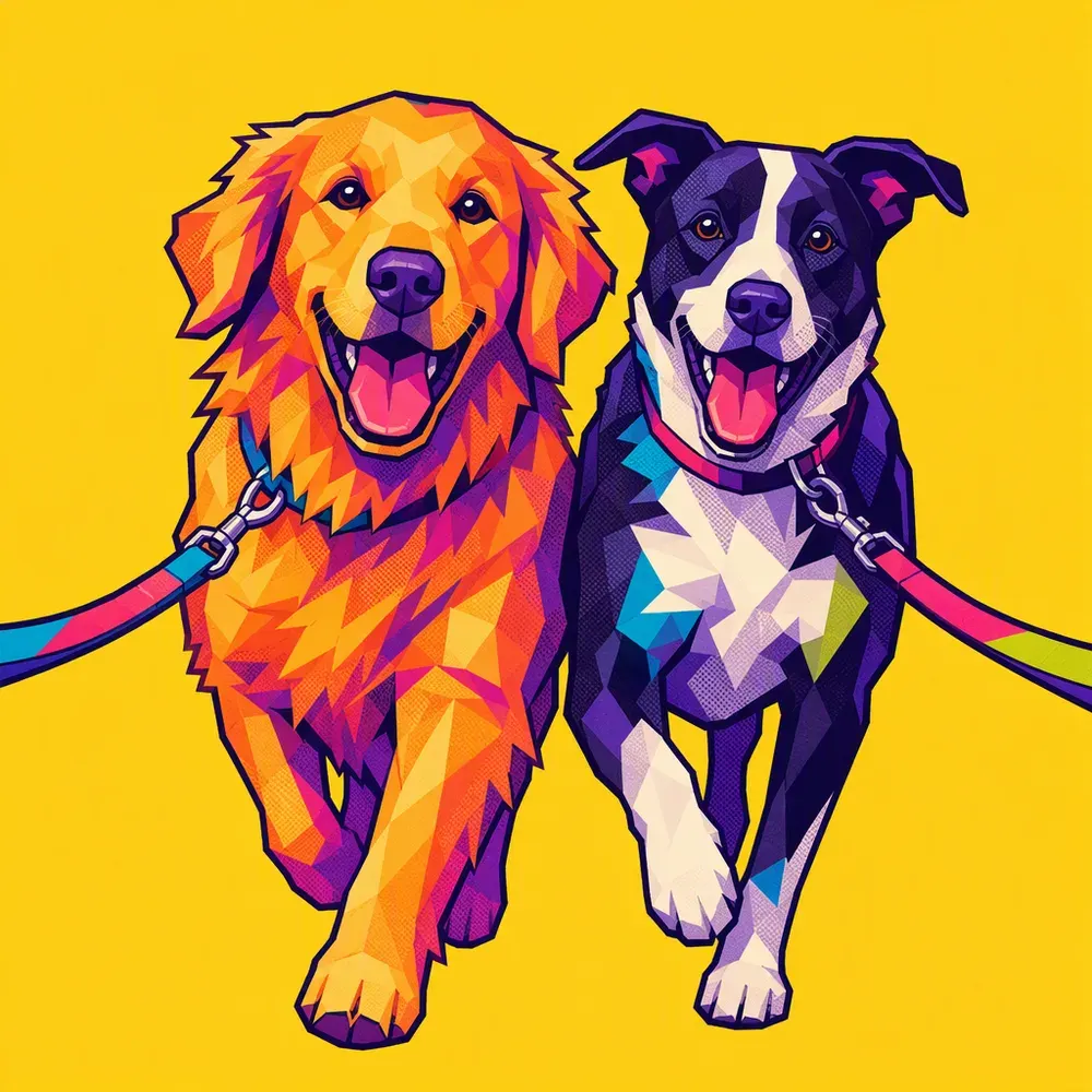 Pop-art illustration of two happy dogs trotting side by side on leashes