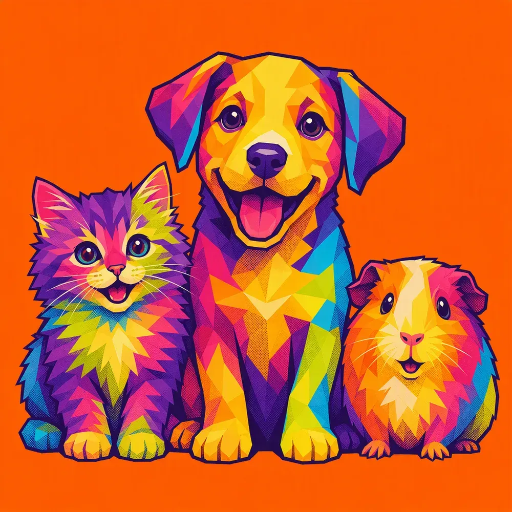 Pop-art illustration of a puppy, a kitten and a guinea pig sitting together