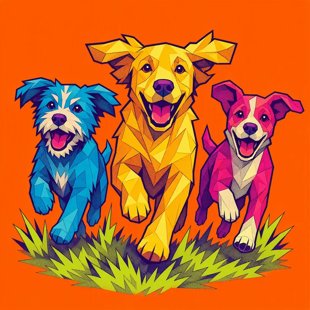 Pop-art illustration of three dogs running across a yard