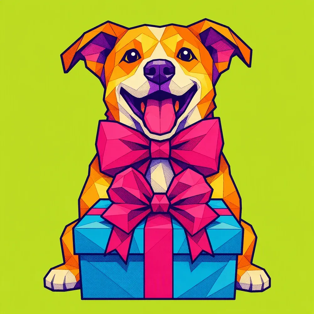 Pop-art illustration of a happy dog wearing a bow behind a wrapped gift
