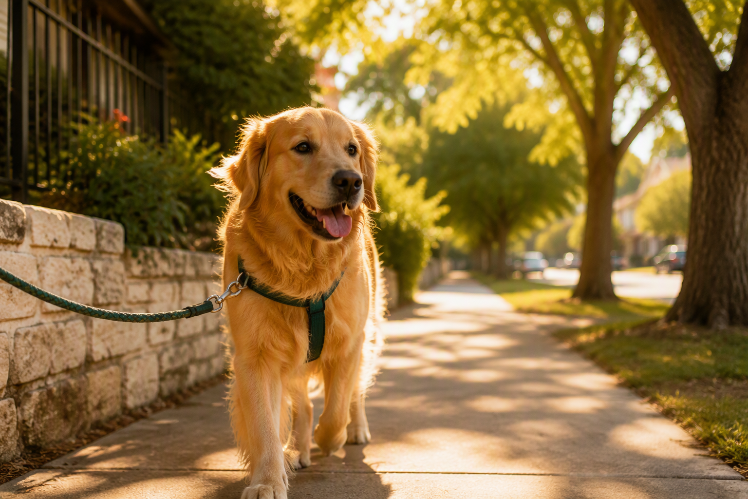 Dog walking on a sunlit Austin neighborhood sidewalk on leash