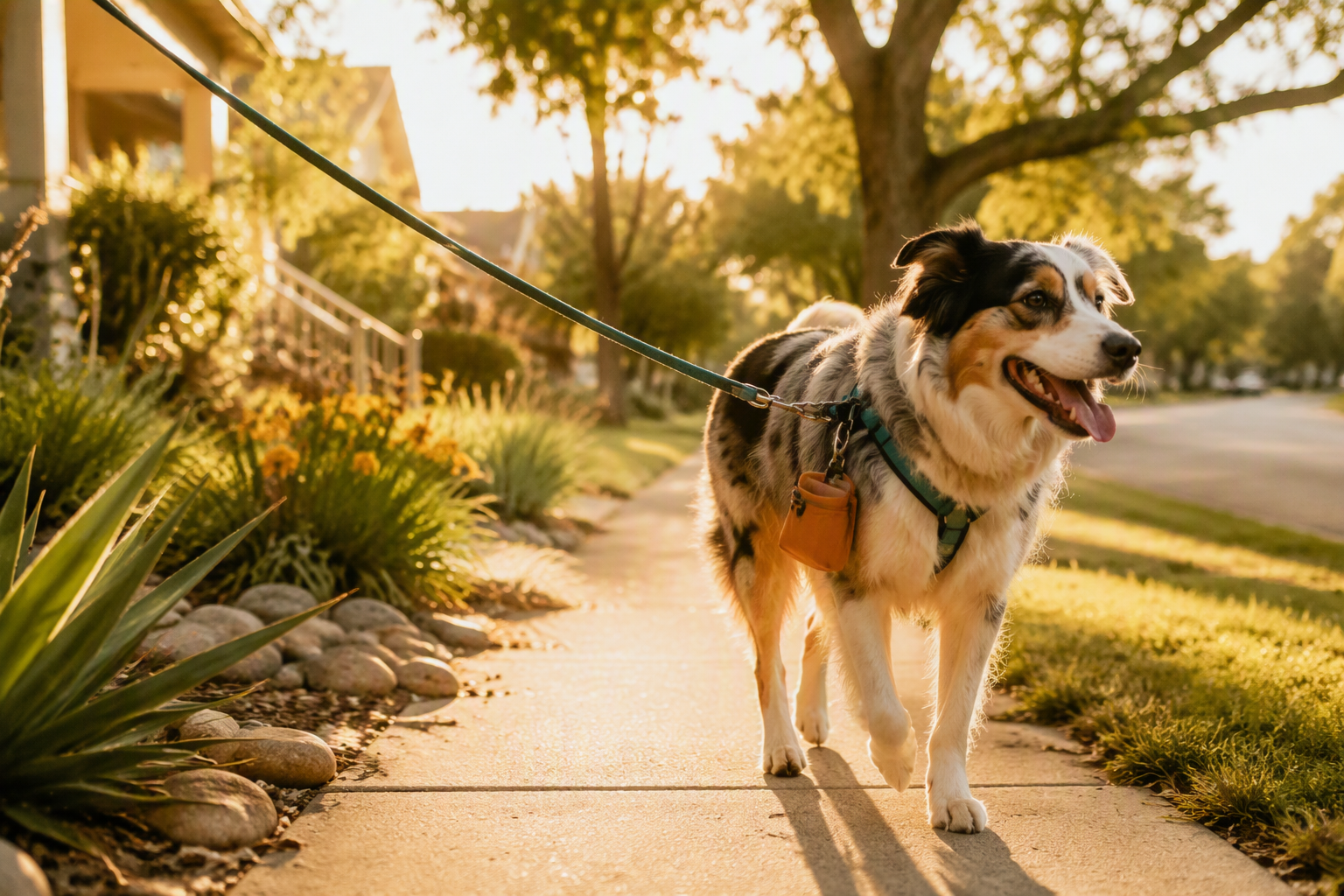 Dog walking on a sunny Austin neighborhood sidewalk on leash