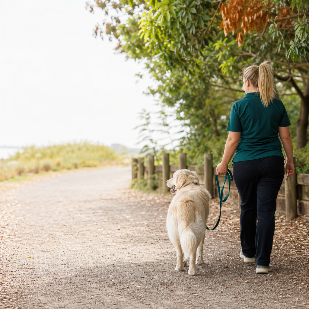 Dog walking on a sunny Austin neighborhood sidewalk on leash